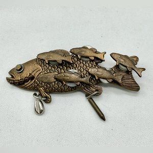 Gold Tone Brass Steam Punk School of Fish Pin Brooch